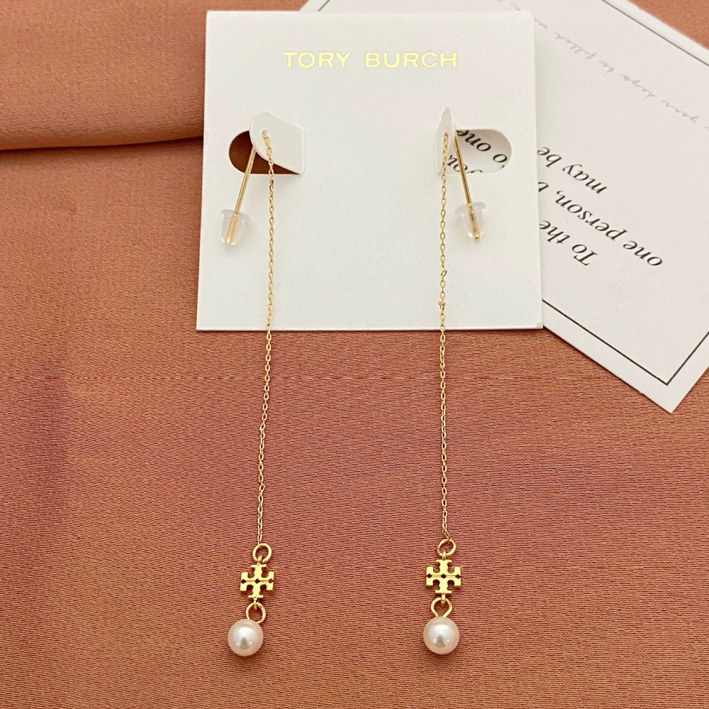 Tory Burch Letter Pearl Threaded Metal Earrings